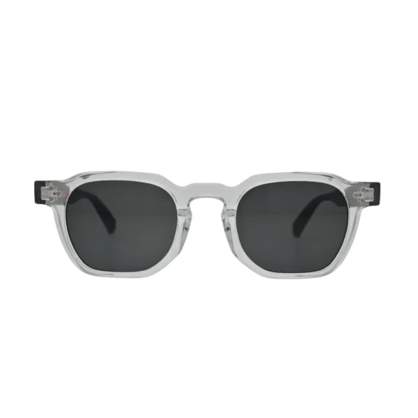 Front view of square sunglasses for men showing thick clear transparent frame and deep smoke grey flat lenses