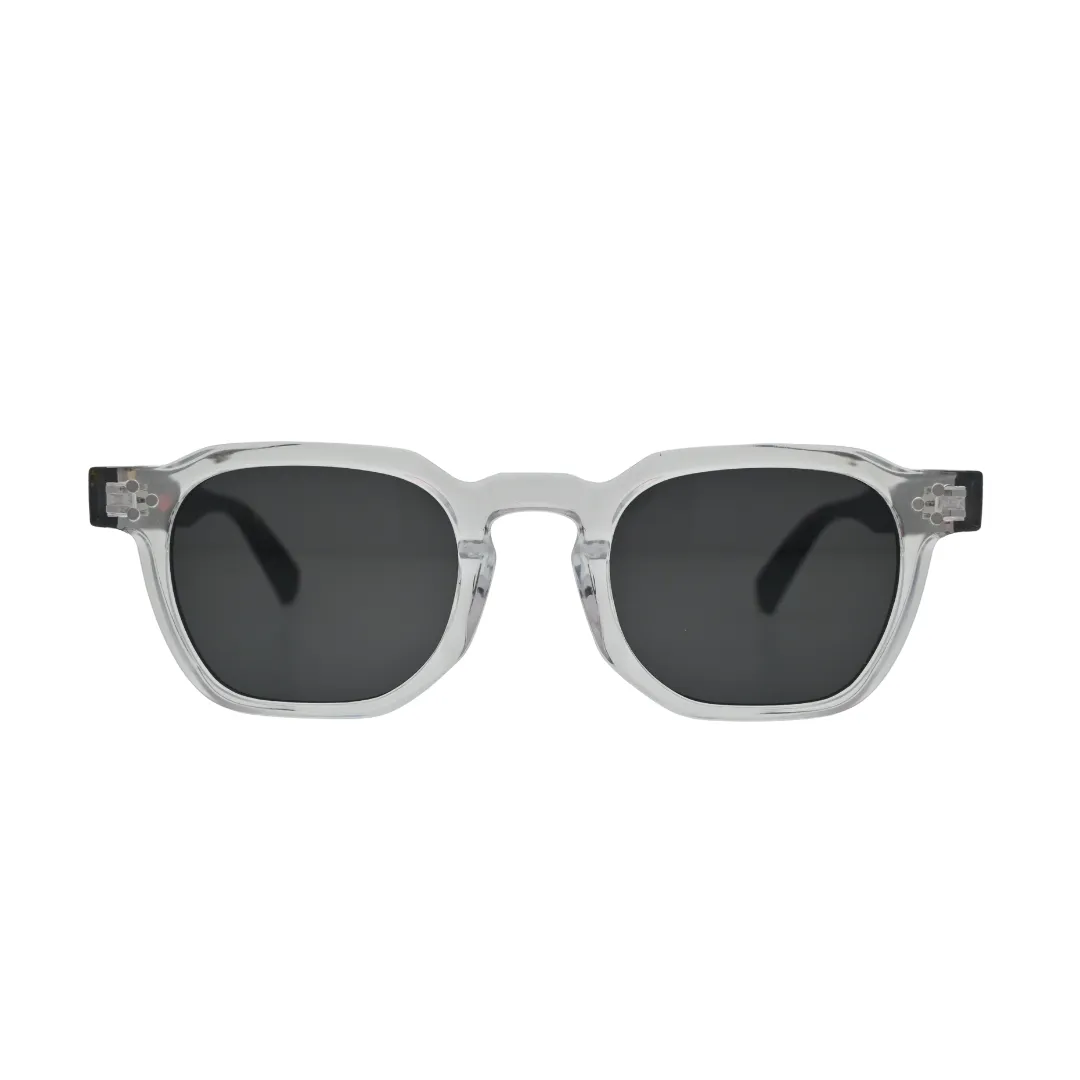 Front view of square sunglasses for men showing thick clear transparent frame and deep smoke grey flat lenses