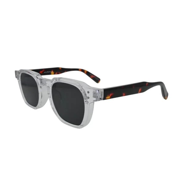 hree-quarter side view of chunky transparent square sunglasses for men with tortoise shell arms and dark smoke grey lenses