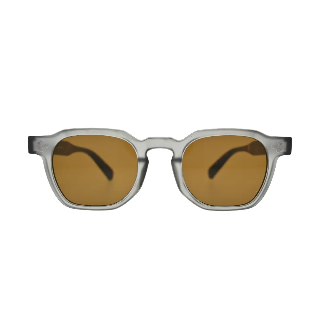 Front view of grey frame square sunglasses with brown lenses showing thick frosted frame and dark tortoise temple tips at sides