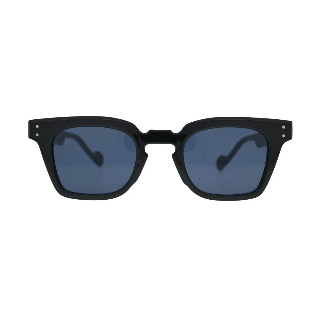 Front view of black square sunglasses with blue lenses showing thick frame, notched cutout bridge, and double silver rivets on temples