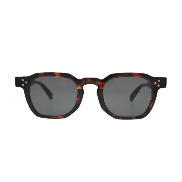 Front view of all-over tortoise shell square sunglasses with chamfered corners, notched bridge and dark smoke grey flat lenses
