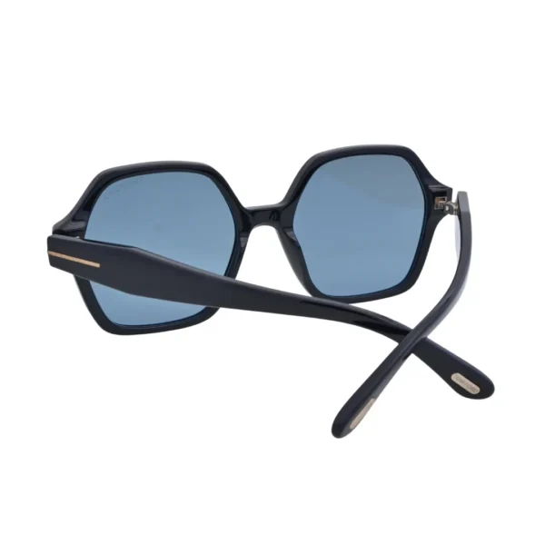 Rear angle of Tom Ford TF1032 01A shiny black acetate sunglasses with crossed temples and gold-tone Tom Ford logo plaque on inner tips