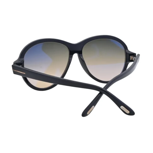 Tom Ford Camryn TF1033 01B rear view showing gold temple plaques, metal hinges, and grey gradient lenses