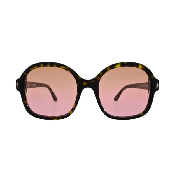 Tom Ford Hanley TF1034 52F front-facing view showing oversized dark havana square frame and full pink gradient lens tint