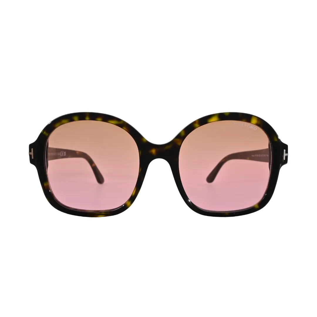 Tom Ford Hanley TF1034 52F front-facing view showing oversized dark havana square frame and full pink gradient lens tint