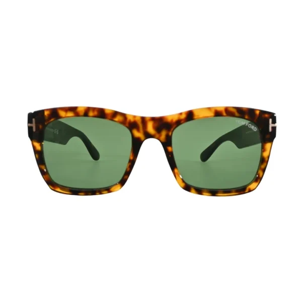 Front-facing view of Tom Ford Nico-02 TF1062 52N square sunglasses featuring a dark havana tortoise acetate frame, green lenses, and signature gold-tone T hardware