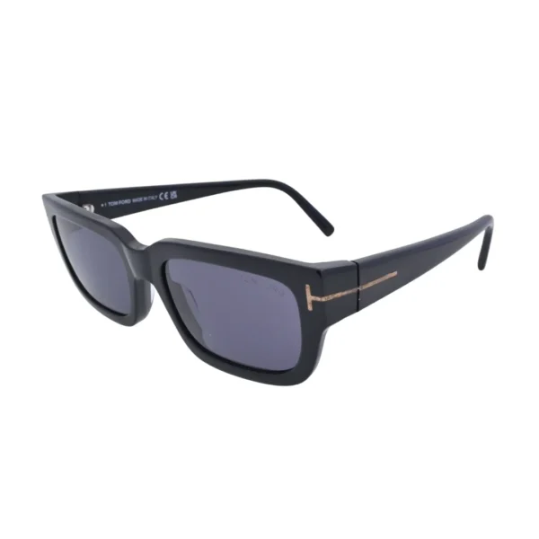 Three-quarter angle of Tom Ford Ezra TF1075 01A rectangle sunglasses showing polished black acetate, sculpted temples, and signature side branding.