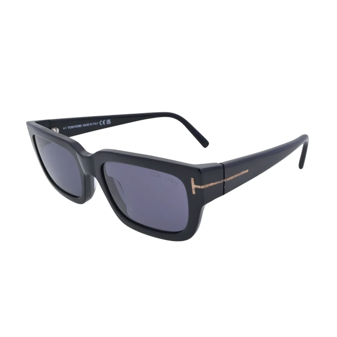 Three-quarter angle of Tom Ford Ezra TF1075 01A rectangle sunglasses showing polished black acetate, sculpted temples, and signature side branding.