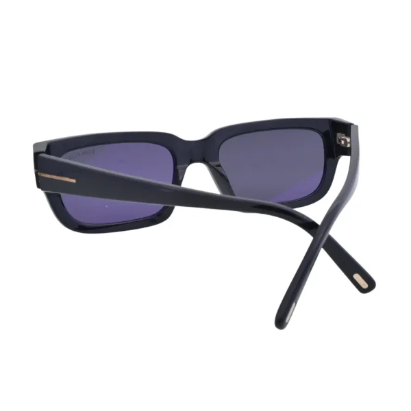 Side profile view of Tom Ford Ezra TF1075 01A rectangle sunglasses highlighting the slim temple line, glossy black finish, and metal T detail.