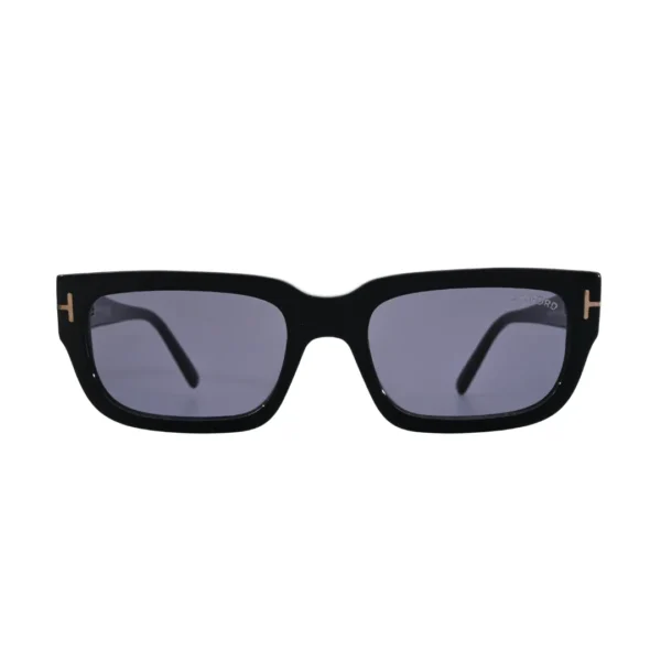Side profile view of Tom Ford Ezra TF1075 01A rectangle sunglasses highlighting the slim temple line, glossy black finish, and metal T detail.