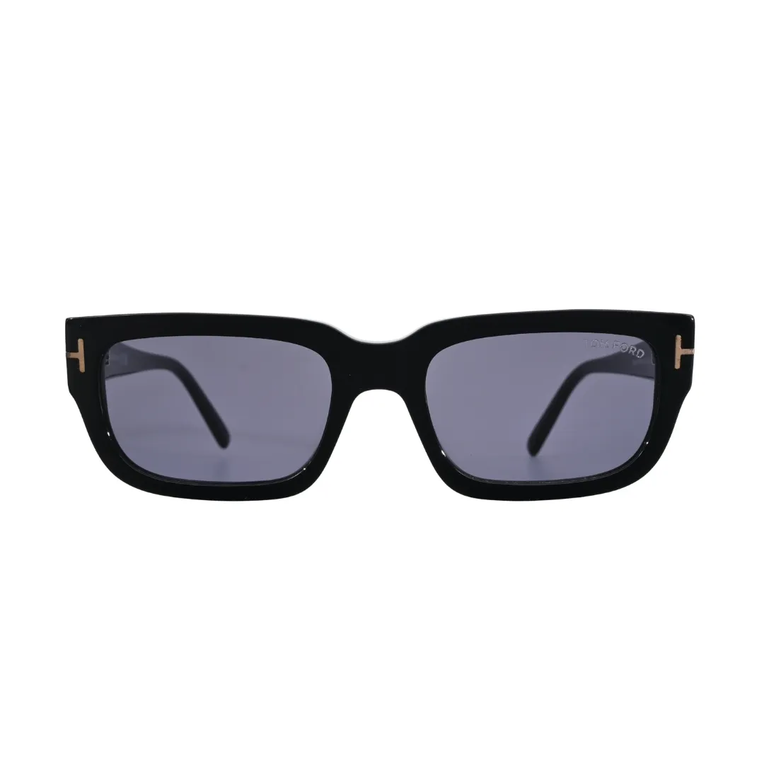 Side profile view of Tom Ford Ezra TF1075 01A rectangle sunglasses highlighting the slim temple line, glossy black finish, and metal T detail.