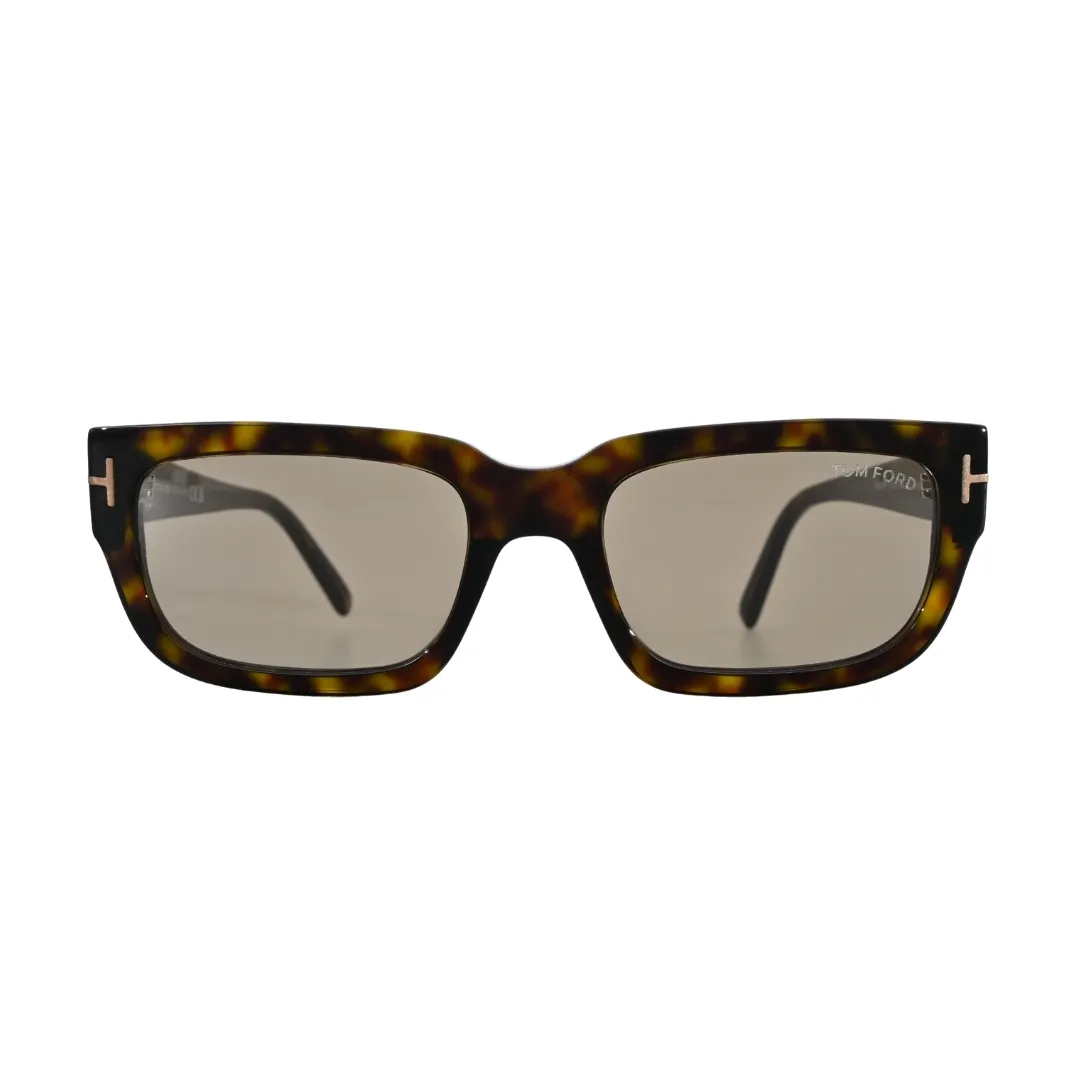 Front-facing view of Tom Ford Ezra TF1075 52L dark havana rectangle sunglasses with brown Roviex mirror lenses and gold-tone T hardware