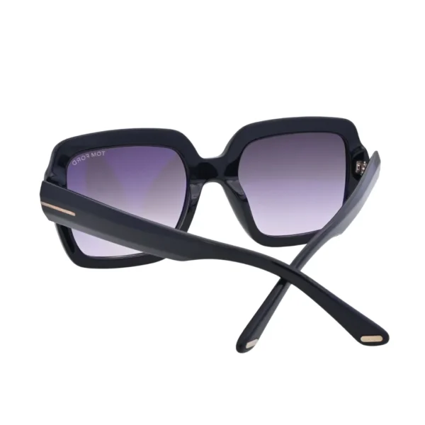 Three-quarter angle of Tom Ford Kaya TF1082 01B square sunglasses showing glossy black acetate, sculpted temples, and angular luxury detailing