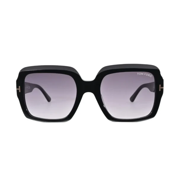 Tom Ford Kaya TF1082 01B sunglasses pair a shiny black square frame with soft smoke gradient lenses. Gold-tone T hardware and a sculpted acetate finish give the design a bold, graphic presence with a distinctly fashion-led edge.