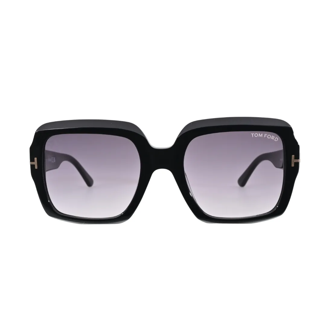 Tom Ford Kaya TF1082 01B sunglasses pair a shiny black square frame with soft smoke gradient lenses. Gold-tone T hardware and a sculpted acetate finish give the design a bold, graphic presence with a distinctly fashion-led edge.