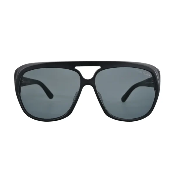Front-facing view of Tom Ford Jayden TF1103 02A matte black aviator sunglasses with grey mirror lenses and signature T hardware