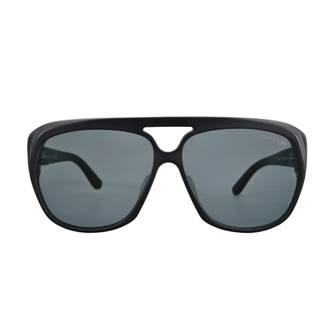 Front-facing view of Tom Ford Jayden TF1103 02A matte black aviator sunglasses with grey mirror lenses and signature T hardware